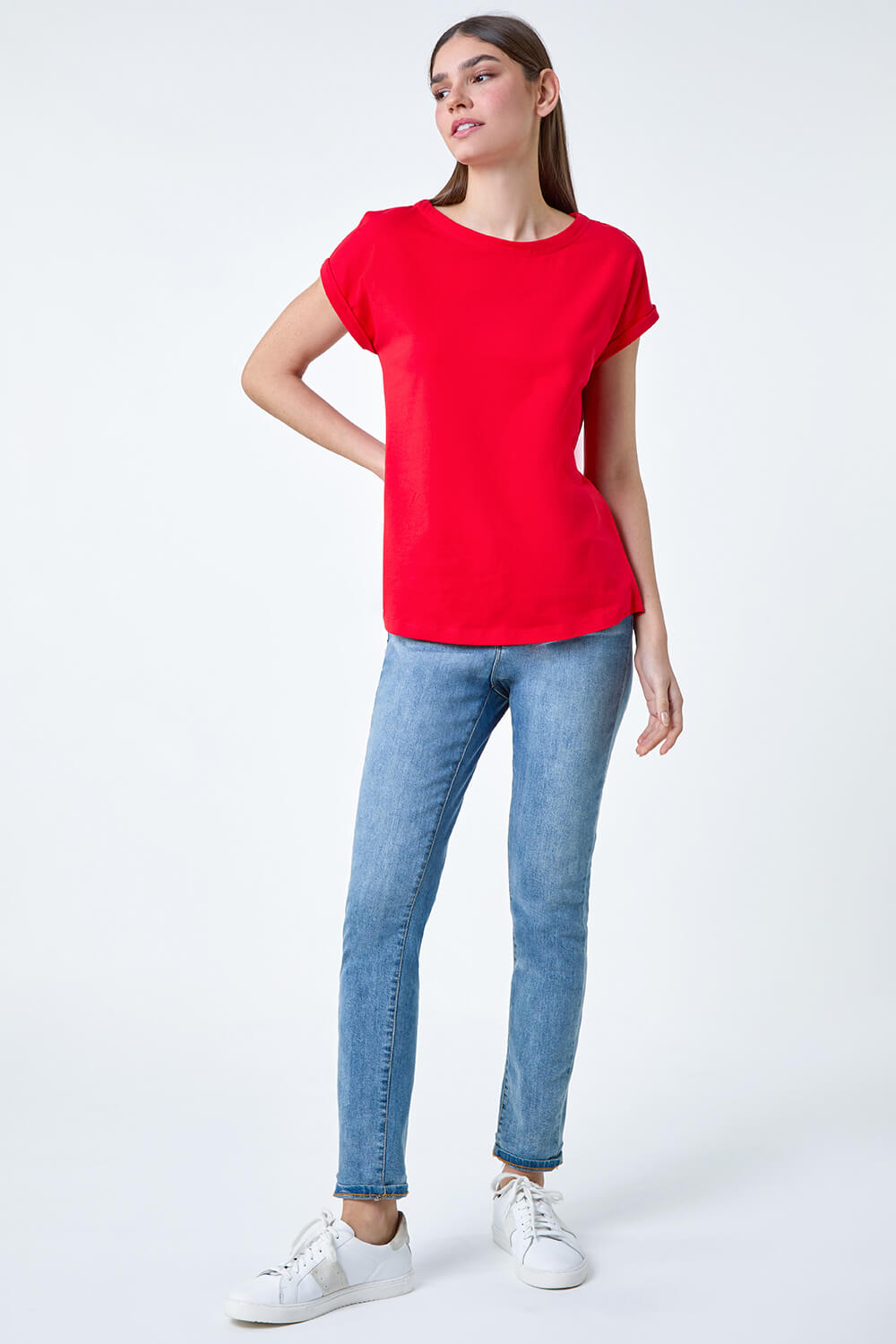 Red Plain Stretch Cotton Jersey T-Shirt, Image 2 of 5