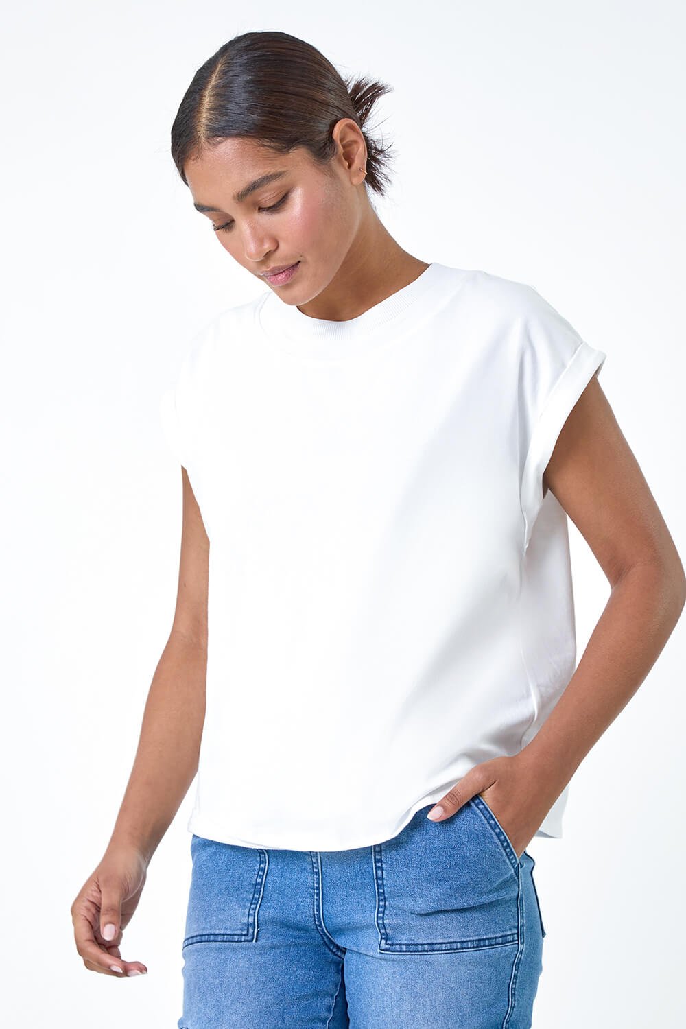 Ivory  Premium Rib Trim Jersey Stretch T-Shirt, Image 2 of 7
