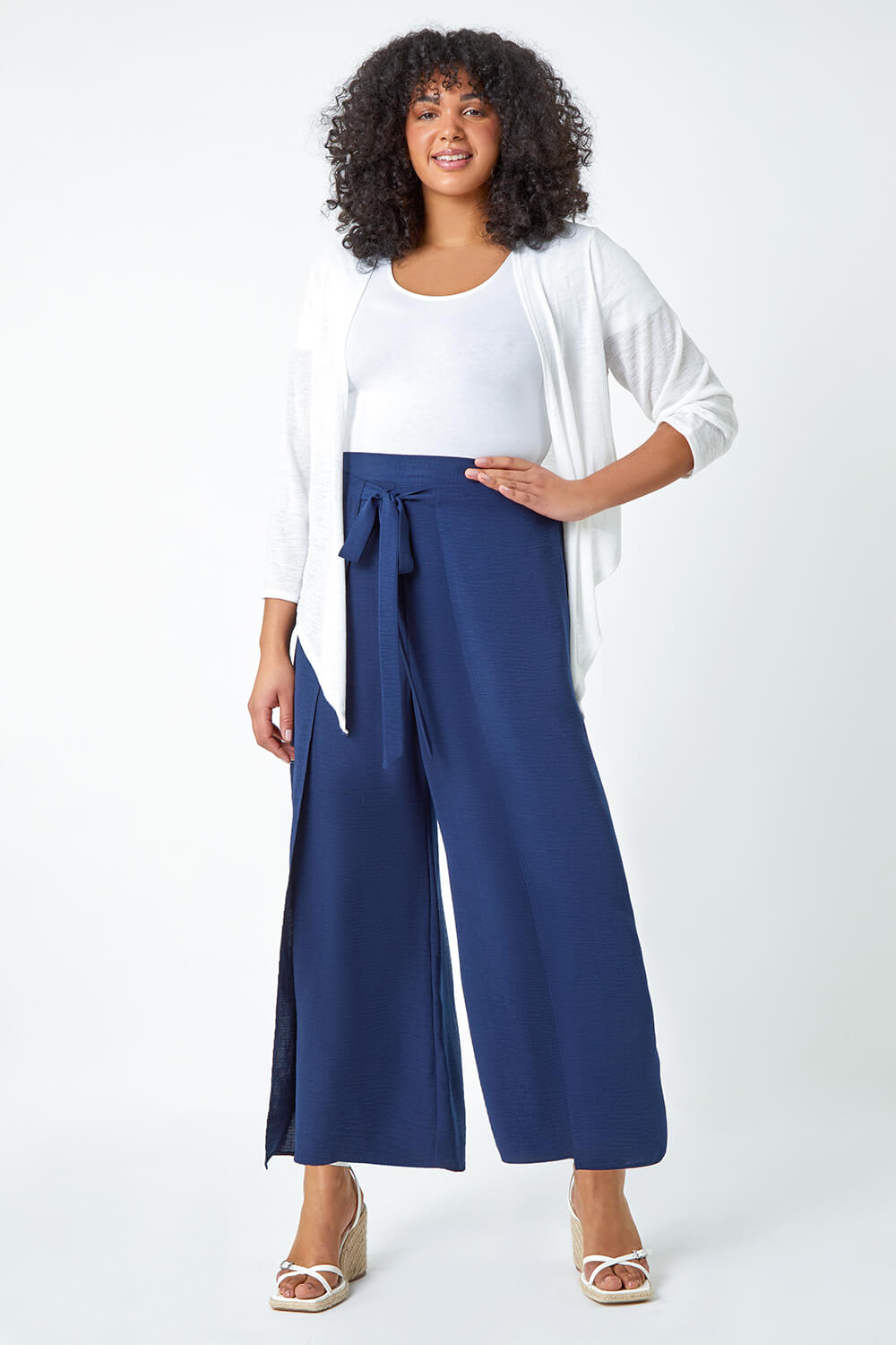 Navy  Curve Wrap Tie Wide Leg Trousers, Image 2 of 5