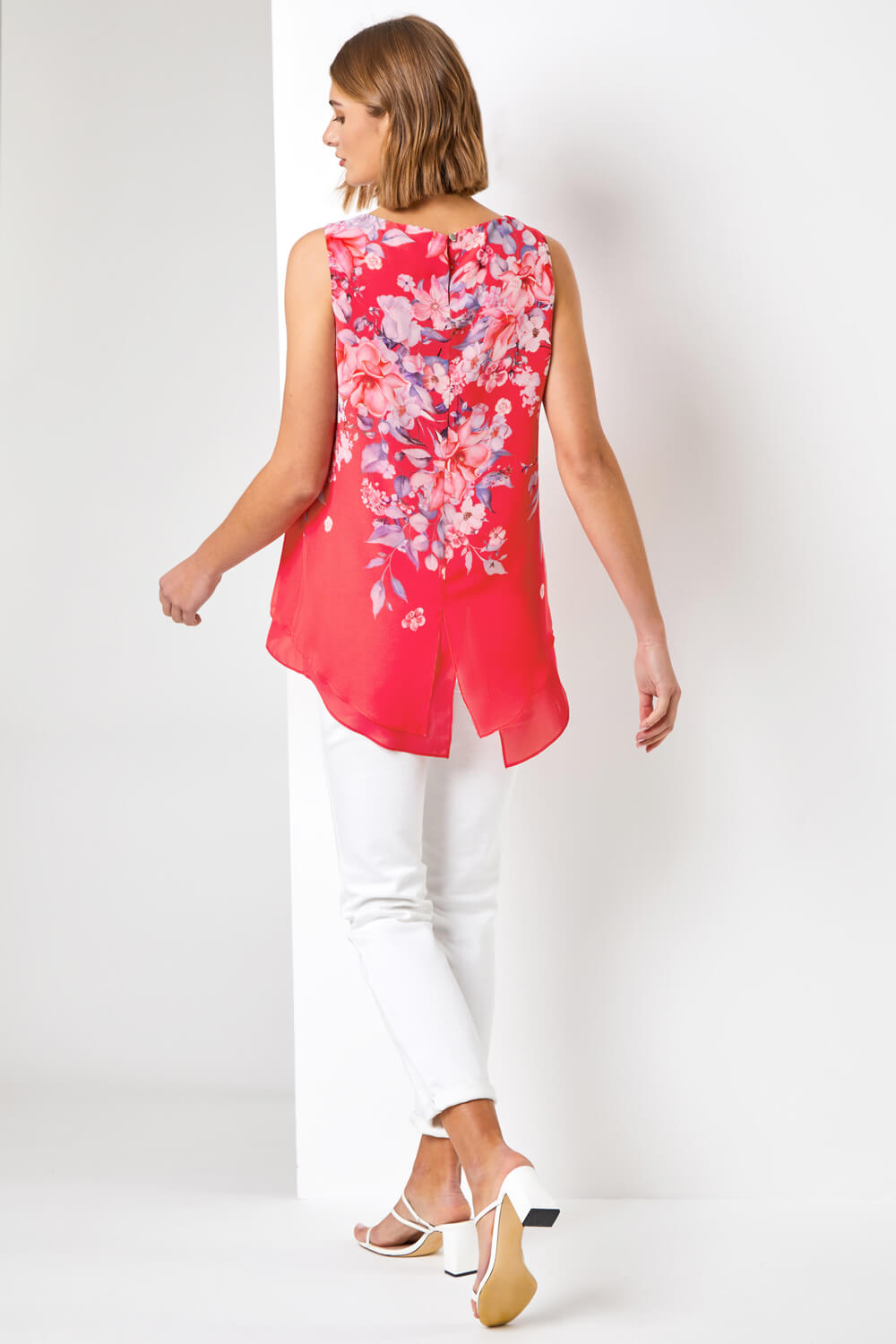 Red Floral Print Chiffon Overlay Top, Image 2 of 4
