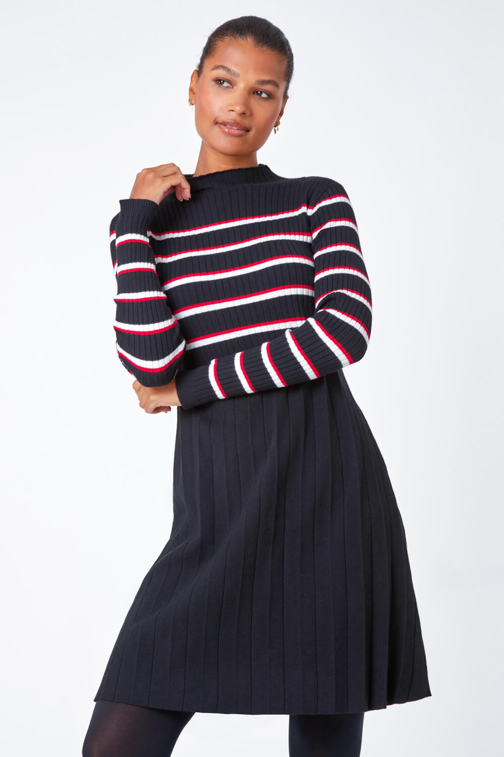 Black Stripe Print Pleated Jumper Dress, Image 4 of 5