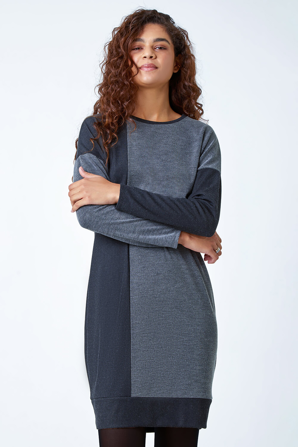 Grey Colour Block Stretch Jumper Dress, Image 5 of 5