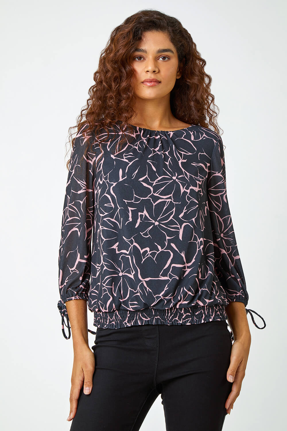 Light Pink Floral Print Blouson Stretch Top, Image 4 of 5