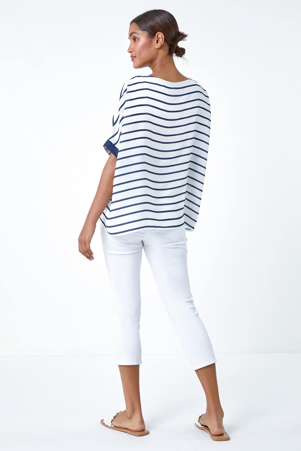 Navy  Floral Stripe Print Woven Top, Image 3 of 5