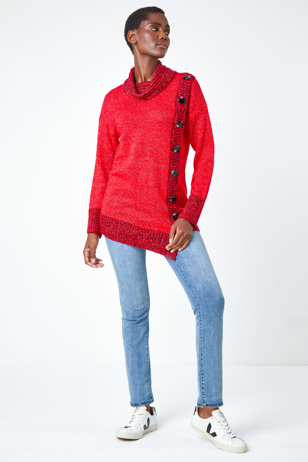 Red Button Detail Roll Neck Jumper, Image 2 of 5