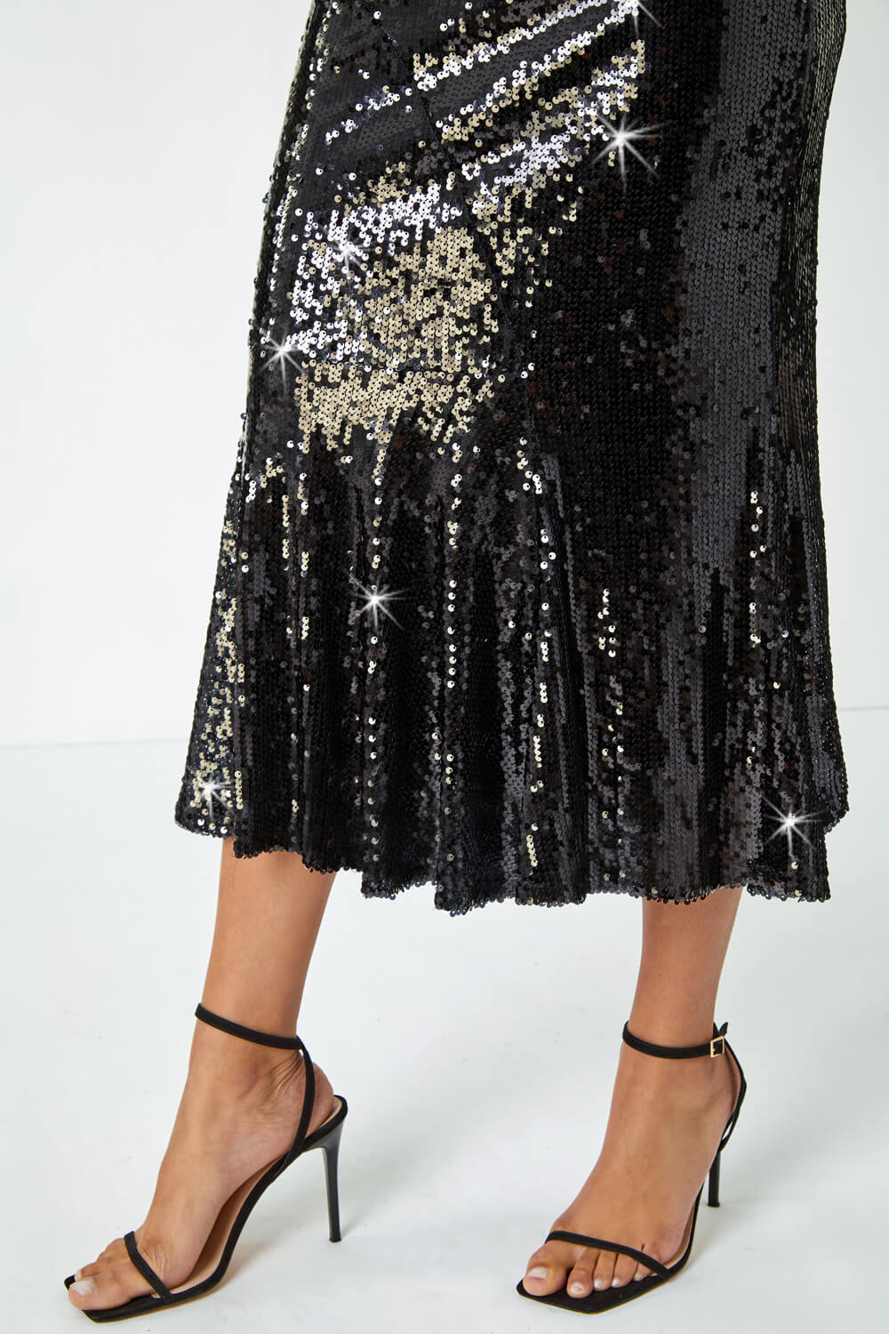 Black Sequin Embellished Fluted Midi Skirt, Image 5 of 6