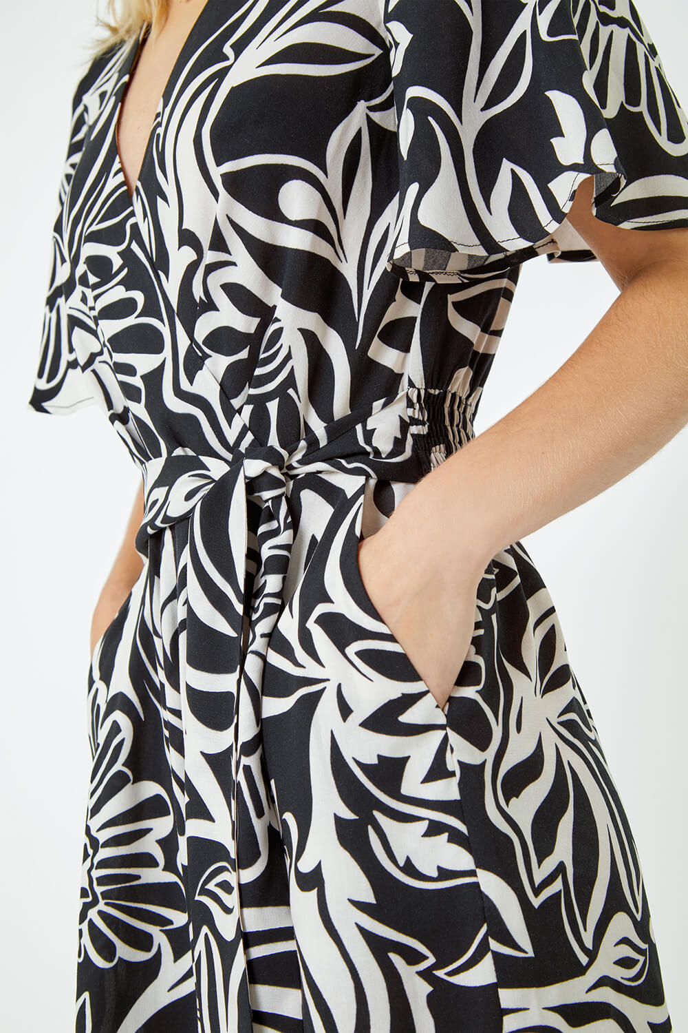 Black Graphic Print Belted Wrap Playsuit, Image 5 of 5