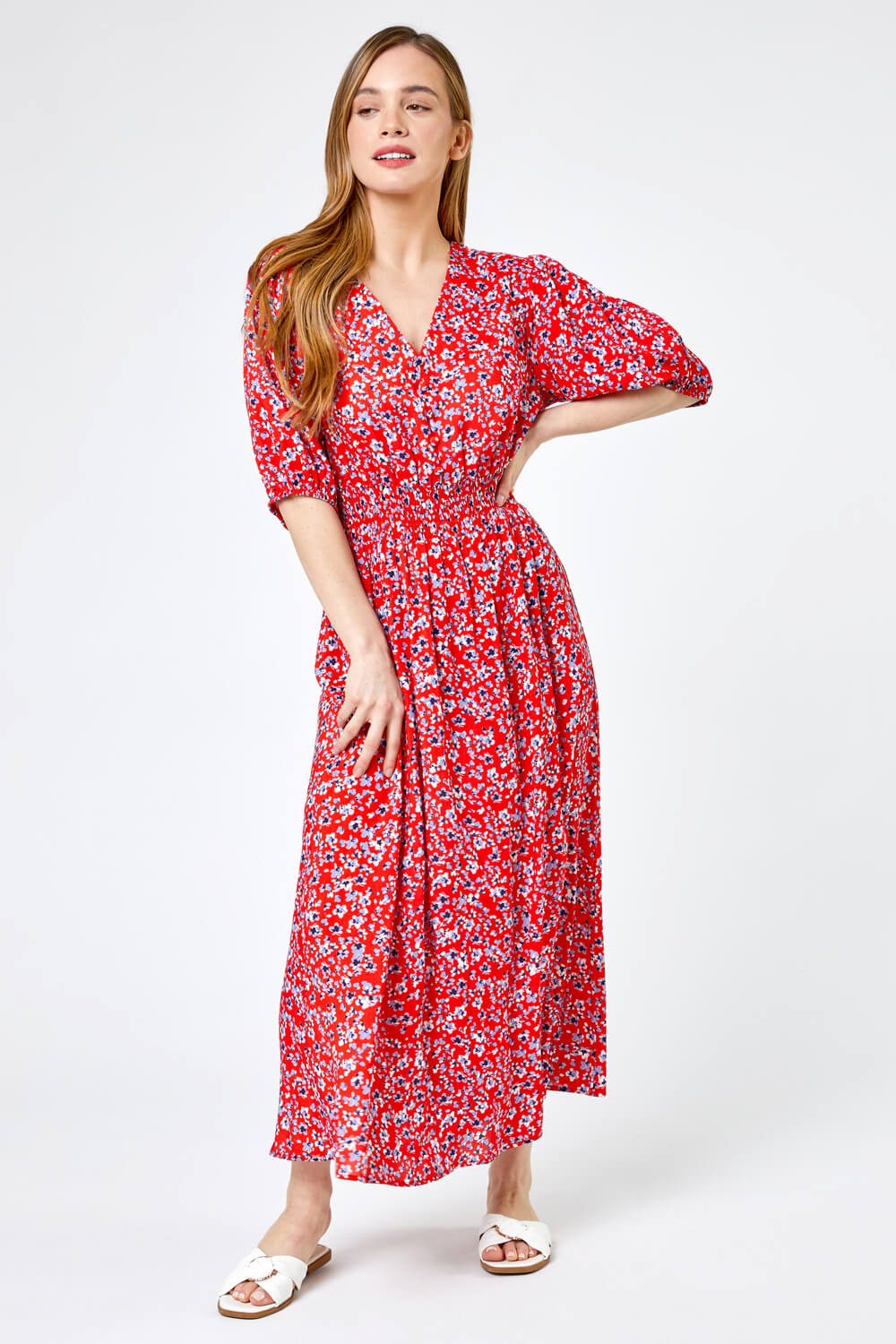 Petite Floral Print Shirred Maxi Dress in Red - Roman Originals UK