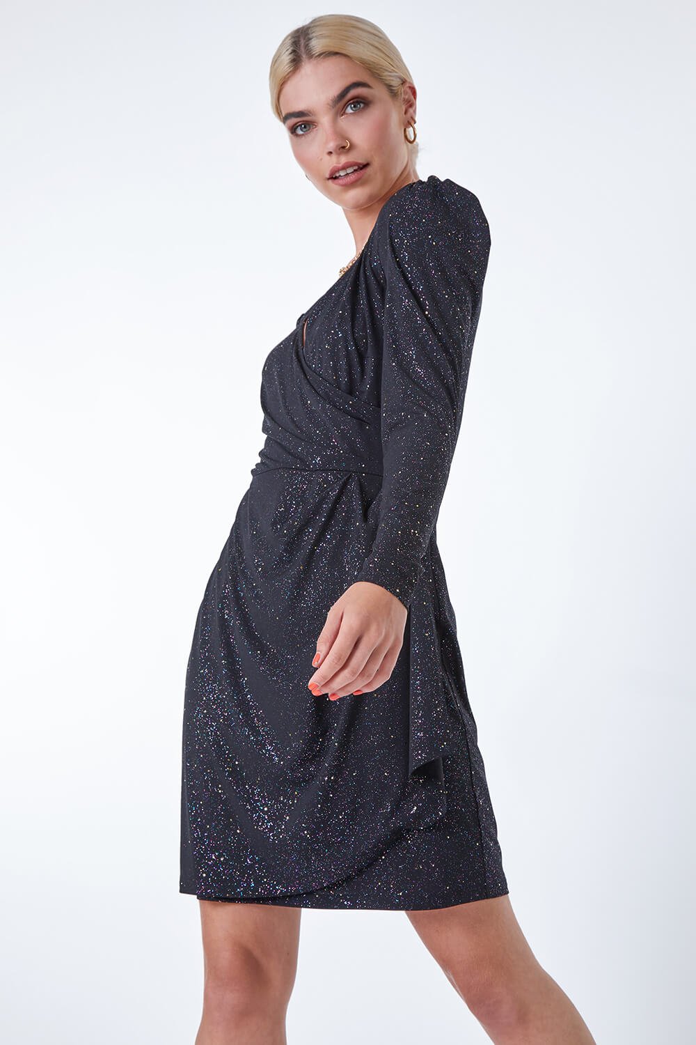 Black Glitter Mini Wrap Dress Roman UK