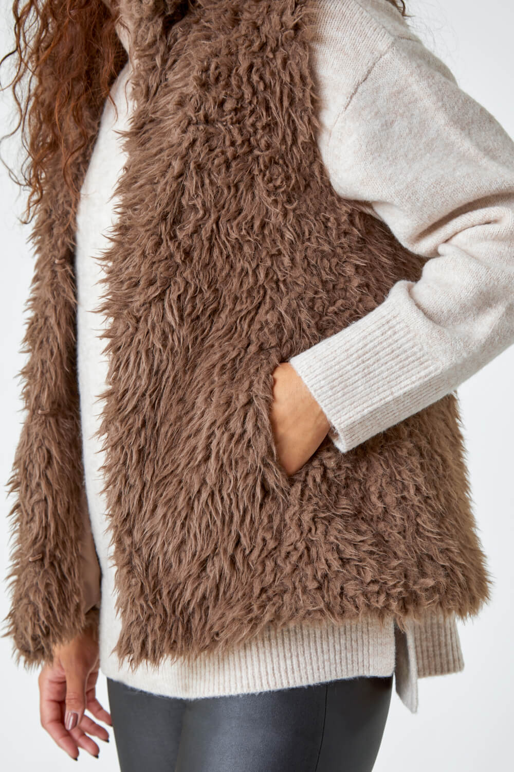 Taupe Faux Fur Fluffy Gilet, Image 5 of 5