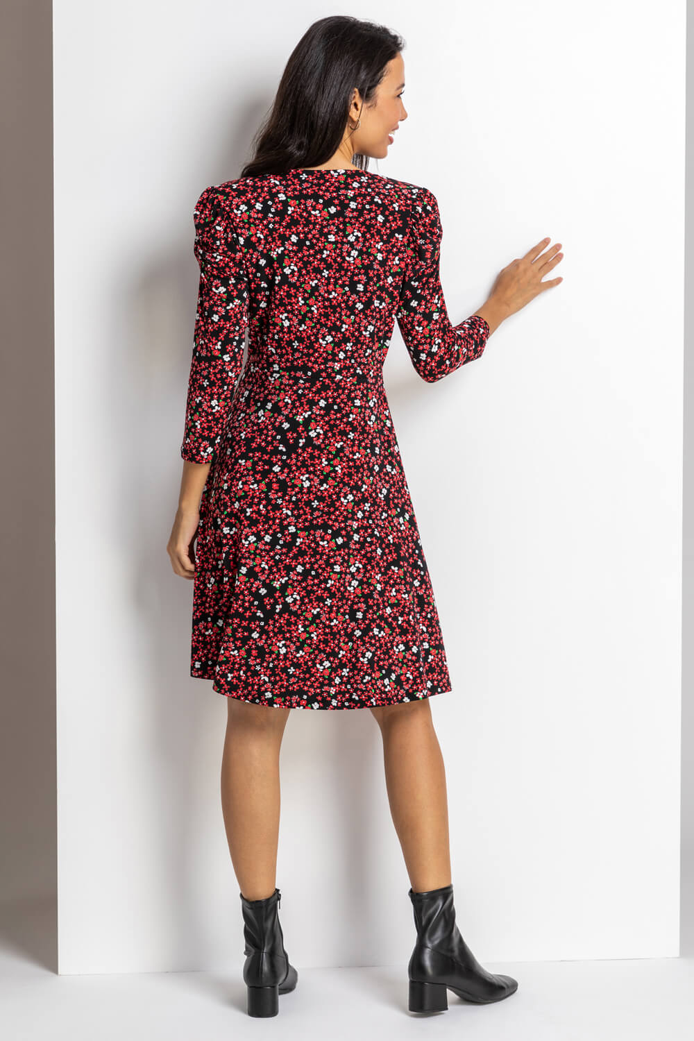 Red Ditsy Floral Fit & Flare Dress, Image 2 of 5