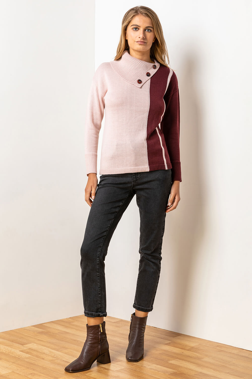 PINK Colourblock Cowl Neck Button Jumper, Image 4 of 5