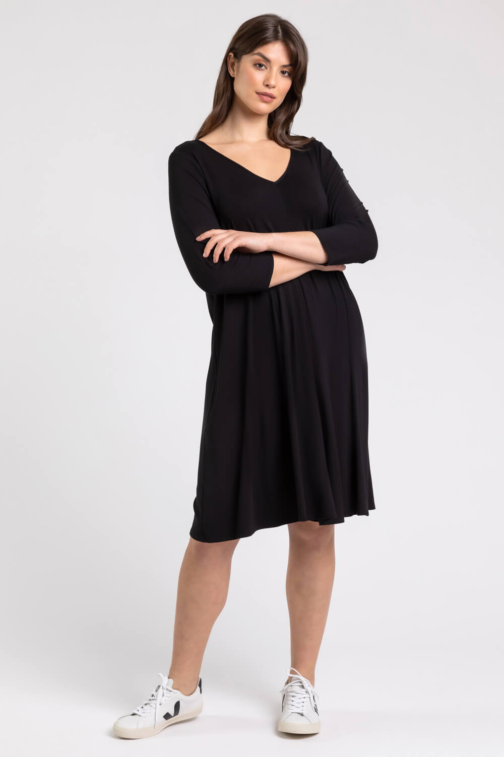 Black Curve Pleat Front Jersey Midi Dress, Image 3 of 4