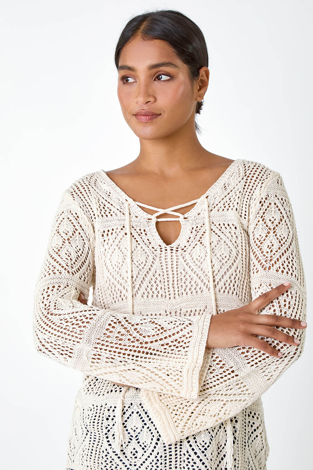 Ivory  Crochet Tie Front Tunic Top, Image 4 of 5