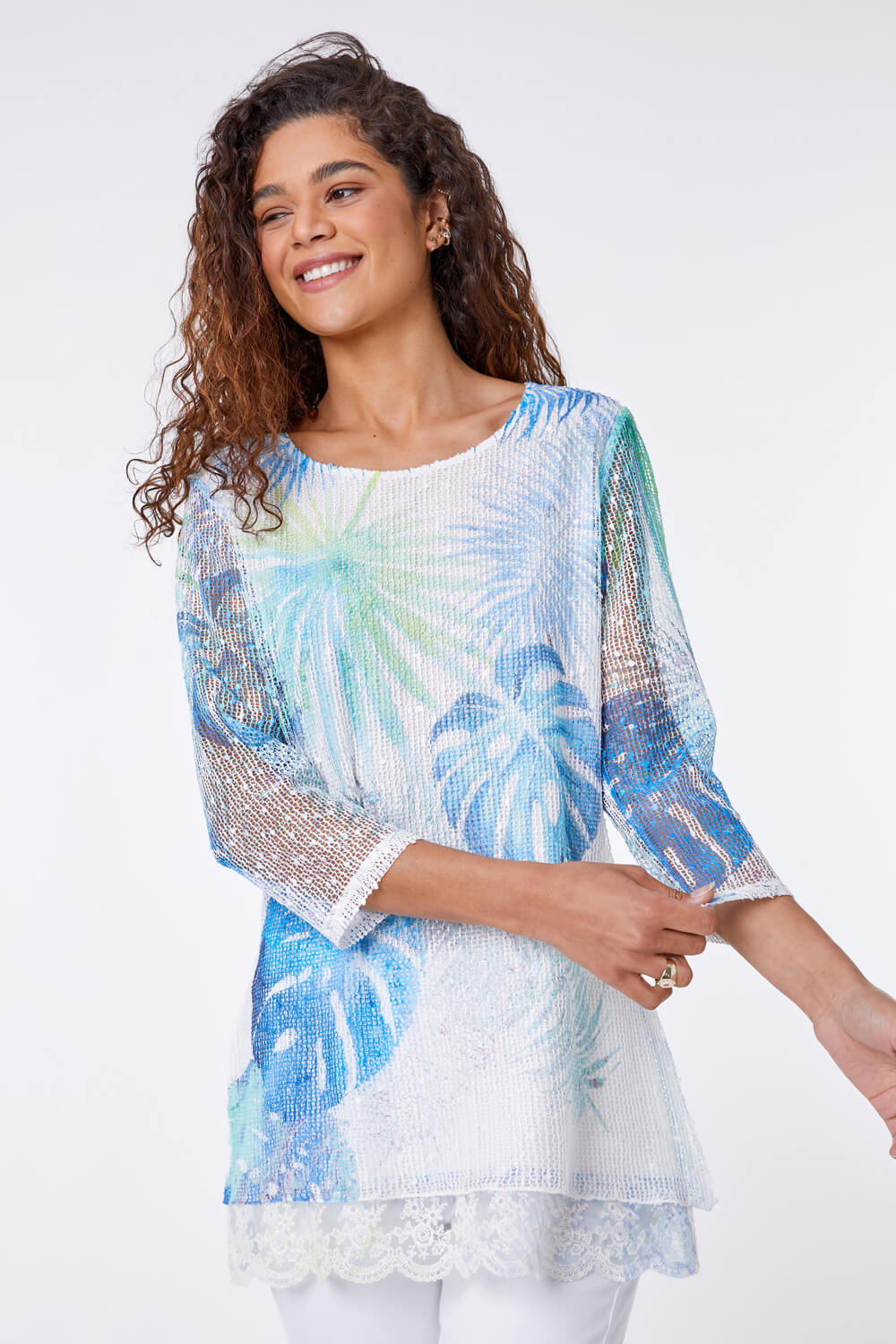 Blue Lace Trim Overlay Tropical Leaf Top, Image 2 of 5
