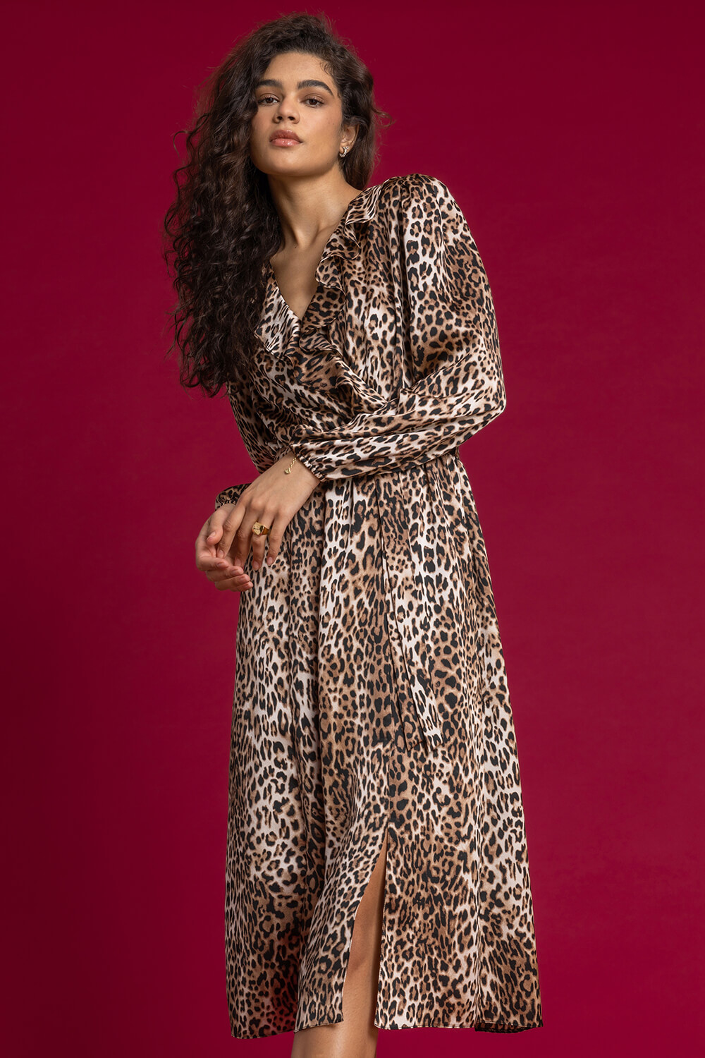 Brown Leopard Print Frill Trim Wrap Dress, Image 4 of 4
