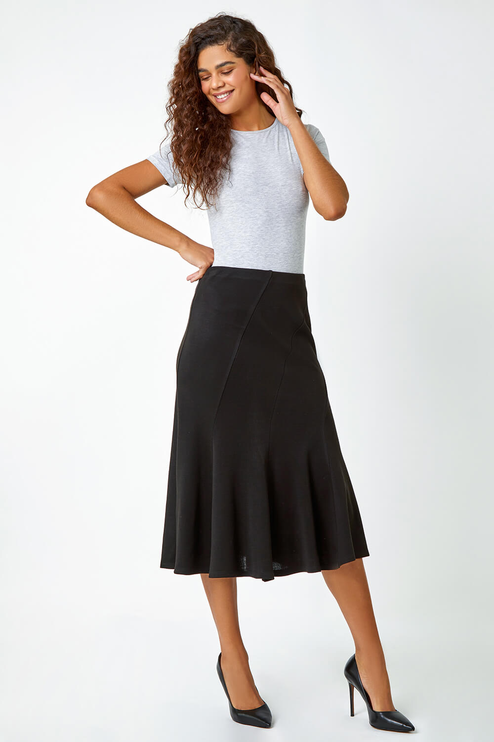 Black Panelled Flared Midi Stretch Skirt | Roman UK