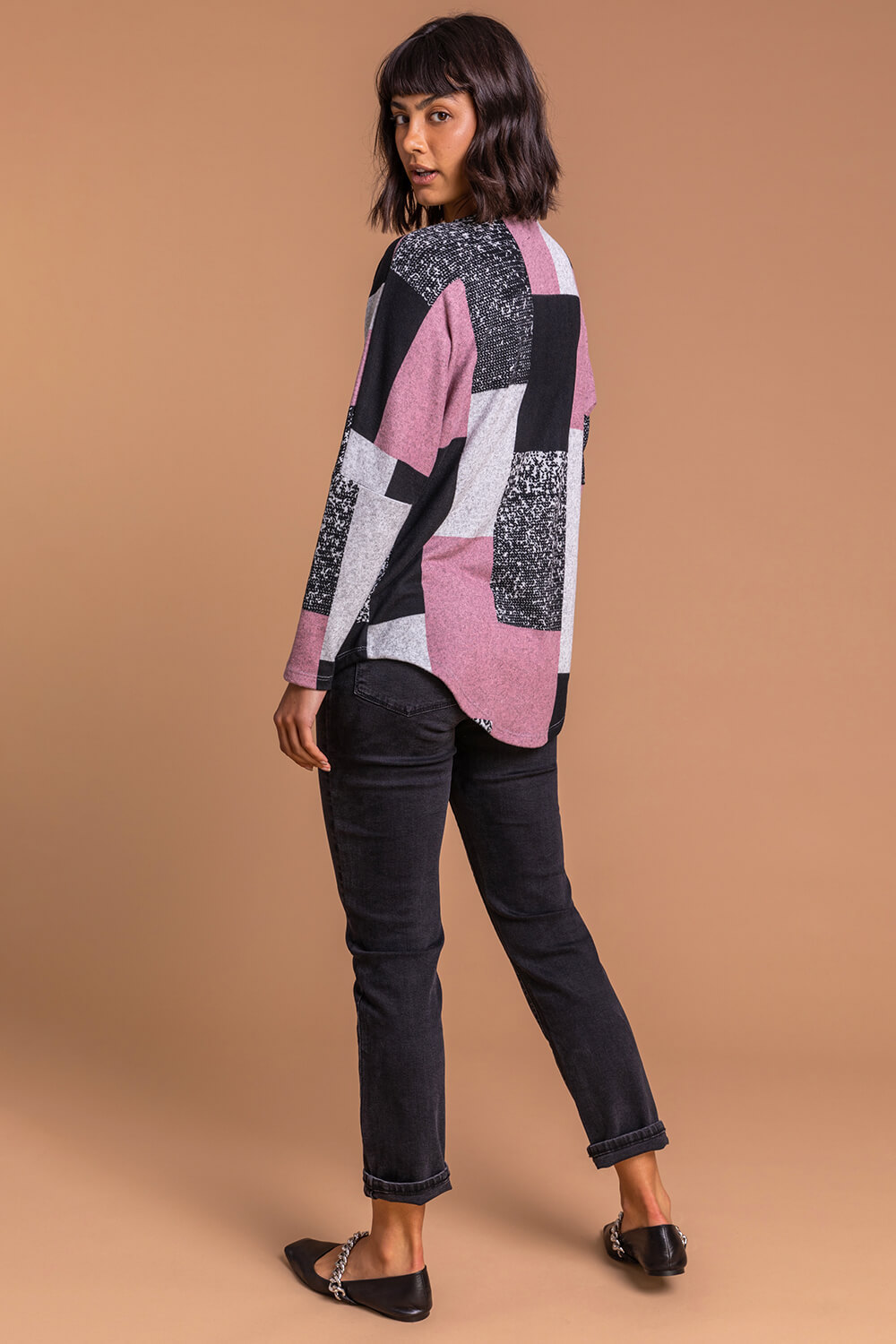 PINK Colour Block V Neck Zip Detail Long Sleeve Top , Image 2 of 5