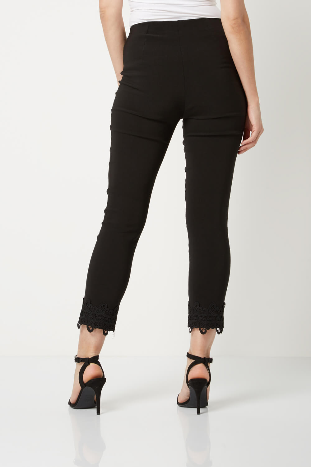 Black Cropped Stretch Trousers with Lace Hem, Image 2 of 5