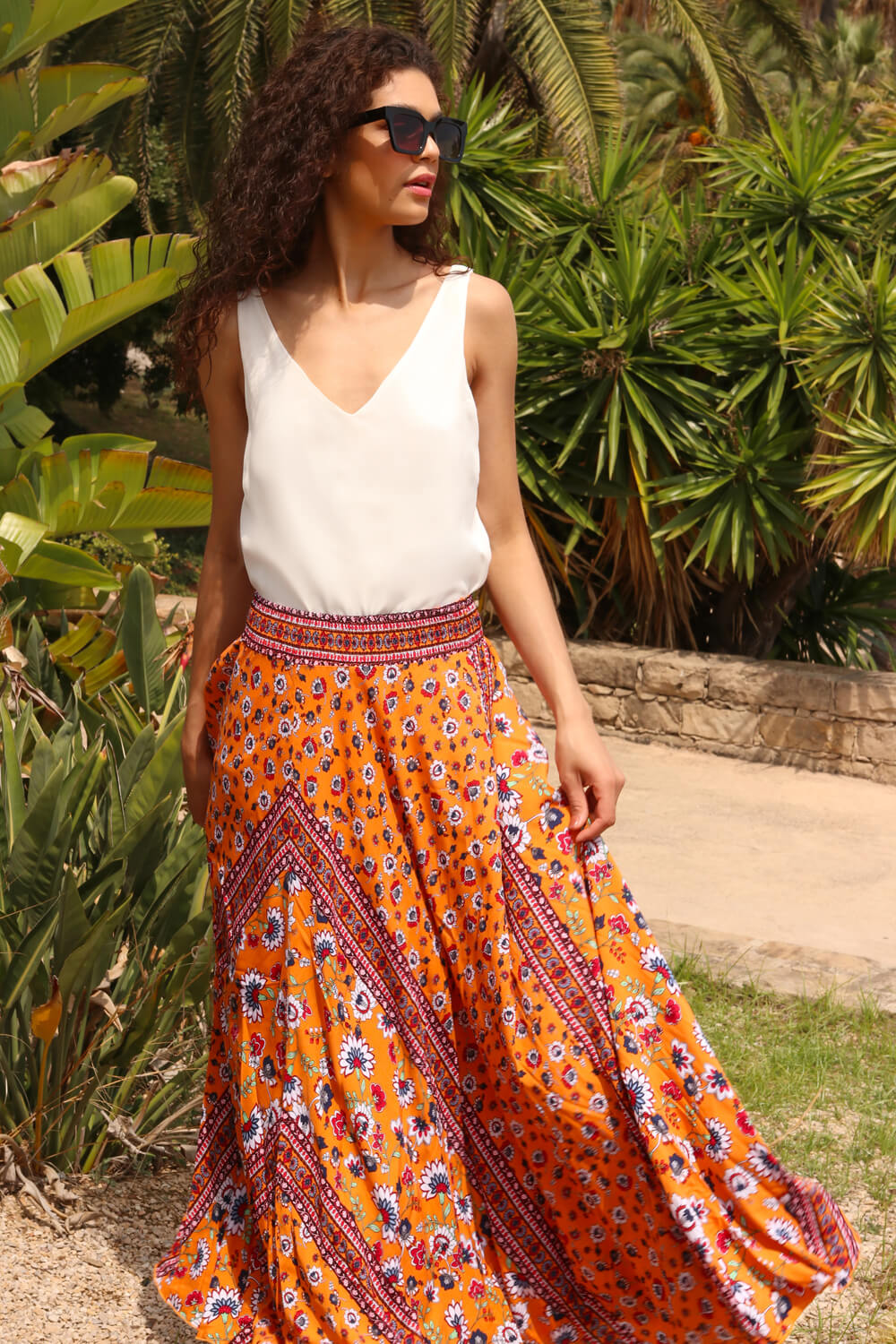 ORANGE Boho Floral Print Maxi Skirt, Image 1 of 5
