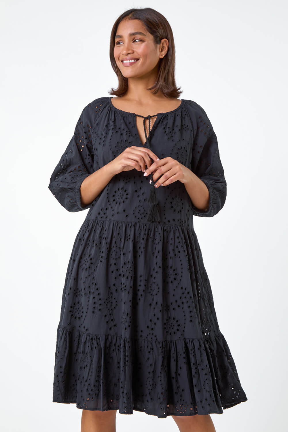 Black Cotton Broderie Tiered Smock Dress, Image 4 of 5