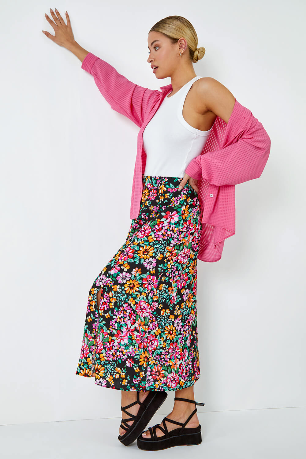 Floral Button Detail Midi Skirt