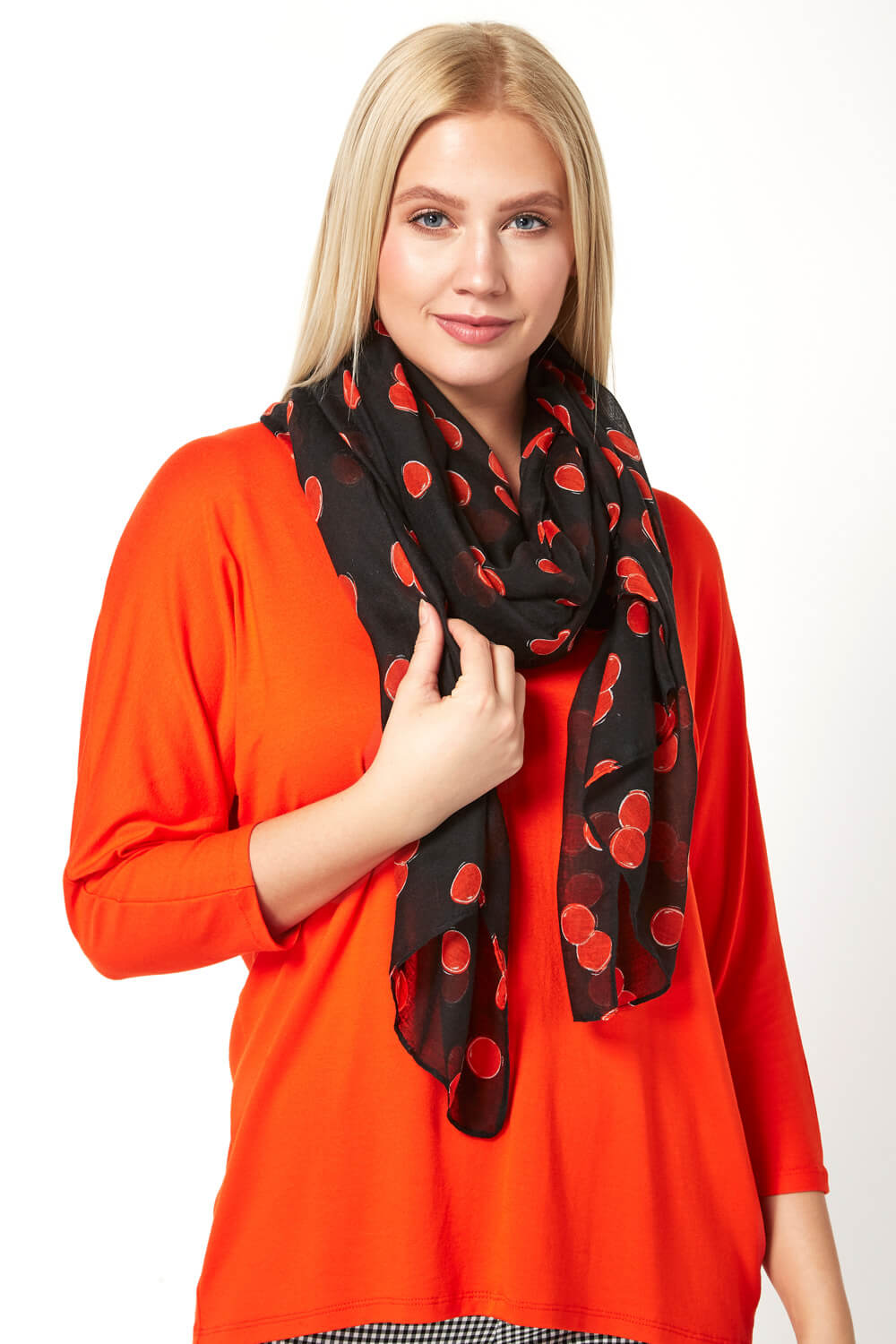 ORANGE Loose T-Shirt and Cherry Print Scarf, Image 4 of 5