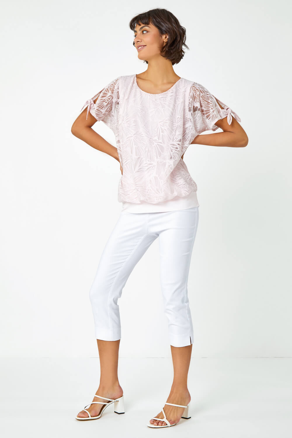 Light Pink Textured Butterfly Print Blouson Top, Image 4 of 5