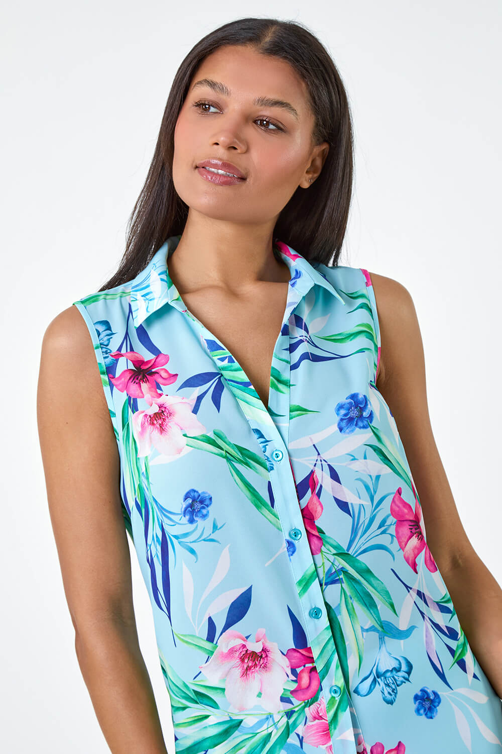 Blue Tropical Floral Sleeveless Button Blouse, Image 4 of 5
