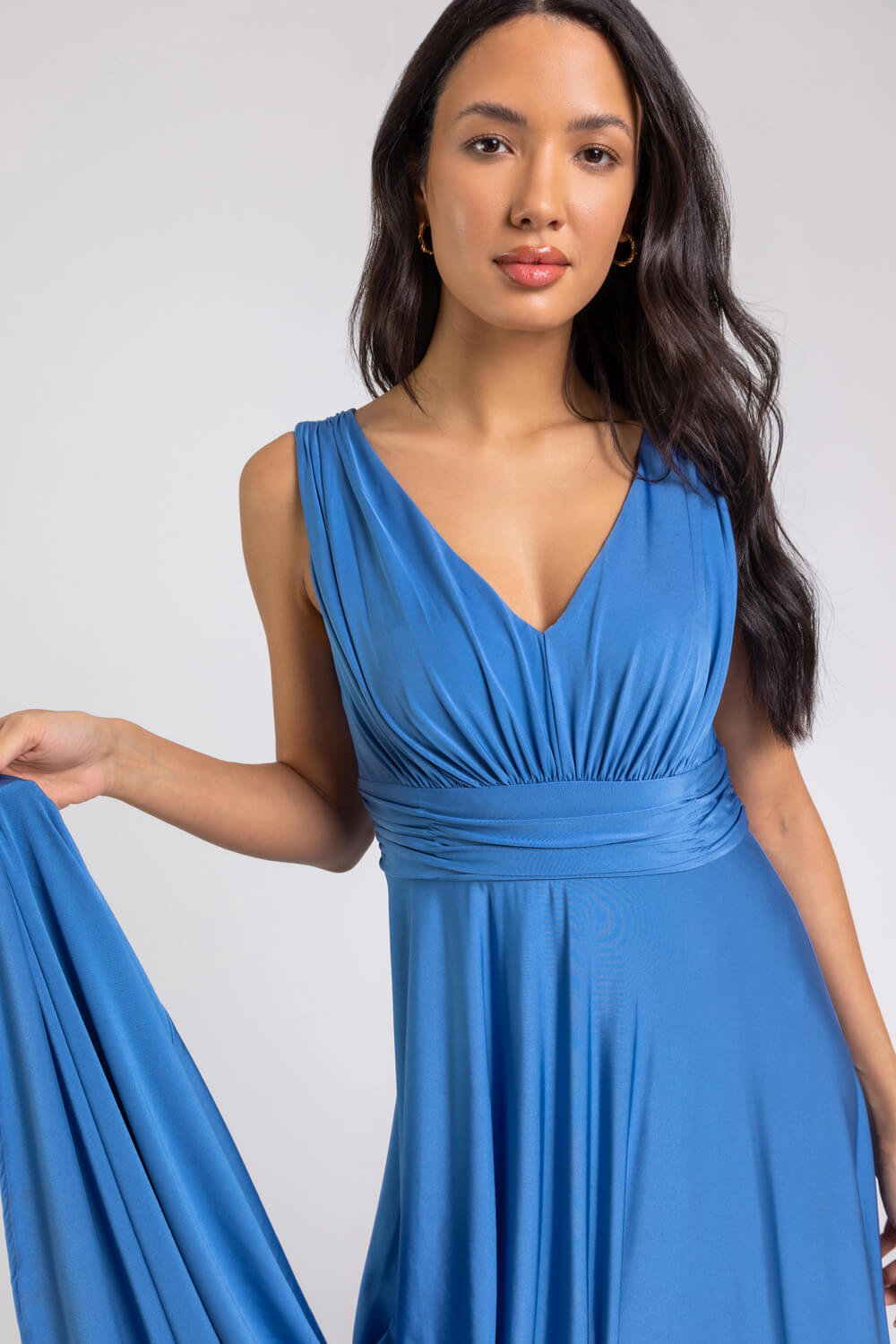 Blue Ruched Sleeveless Stretch Maxi Dress, Image 4 of 5
