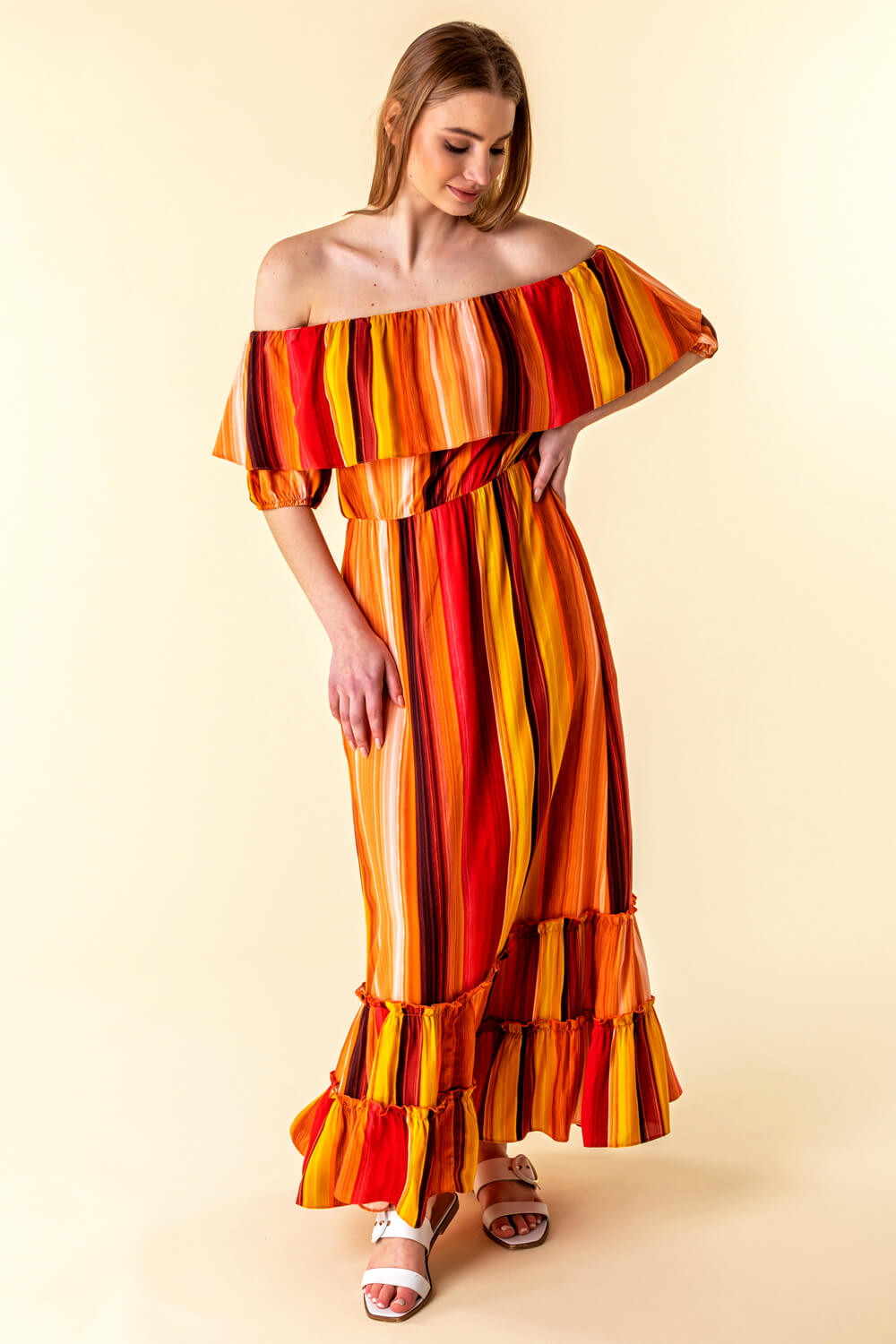 Striped Ruffle Bardot Maxi Dress in Multi - Roman Originals UK