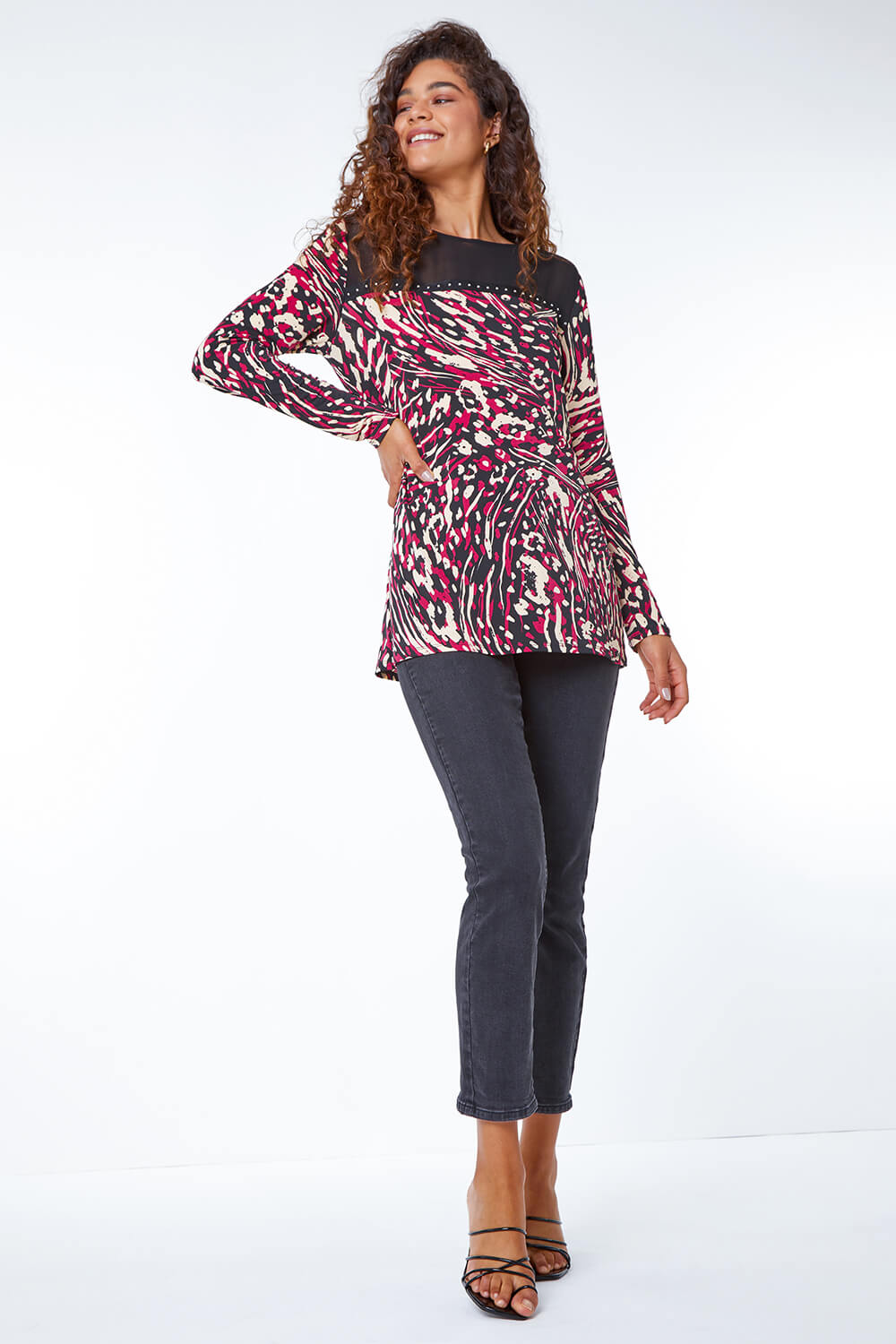 Wine Animal Stud Detail Stretch Tunic Top, Image 2 of 5