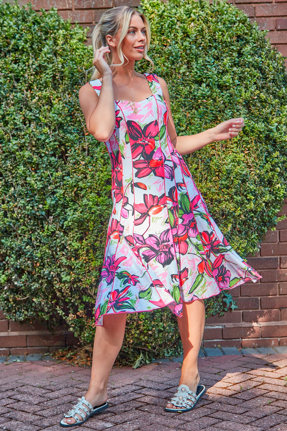 PINK Floral Print Panel Fit and Flare Dress, Image 3 of 4