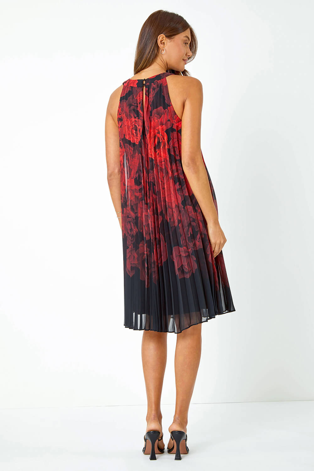 Black Sleeveless Floral Pleated Swing Dress , Image 3 of 5