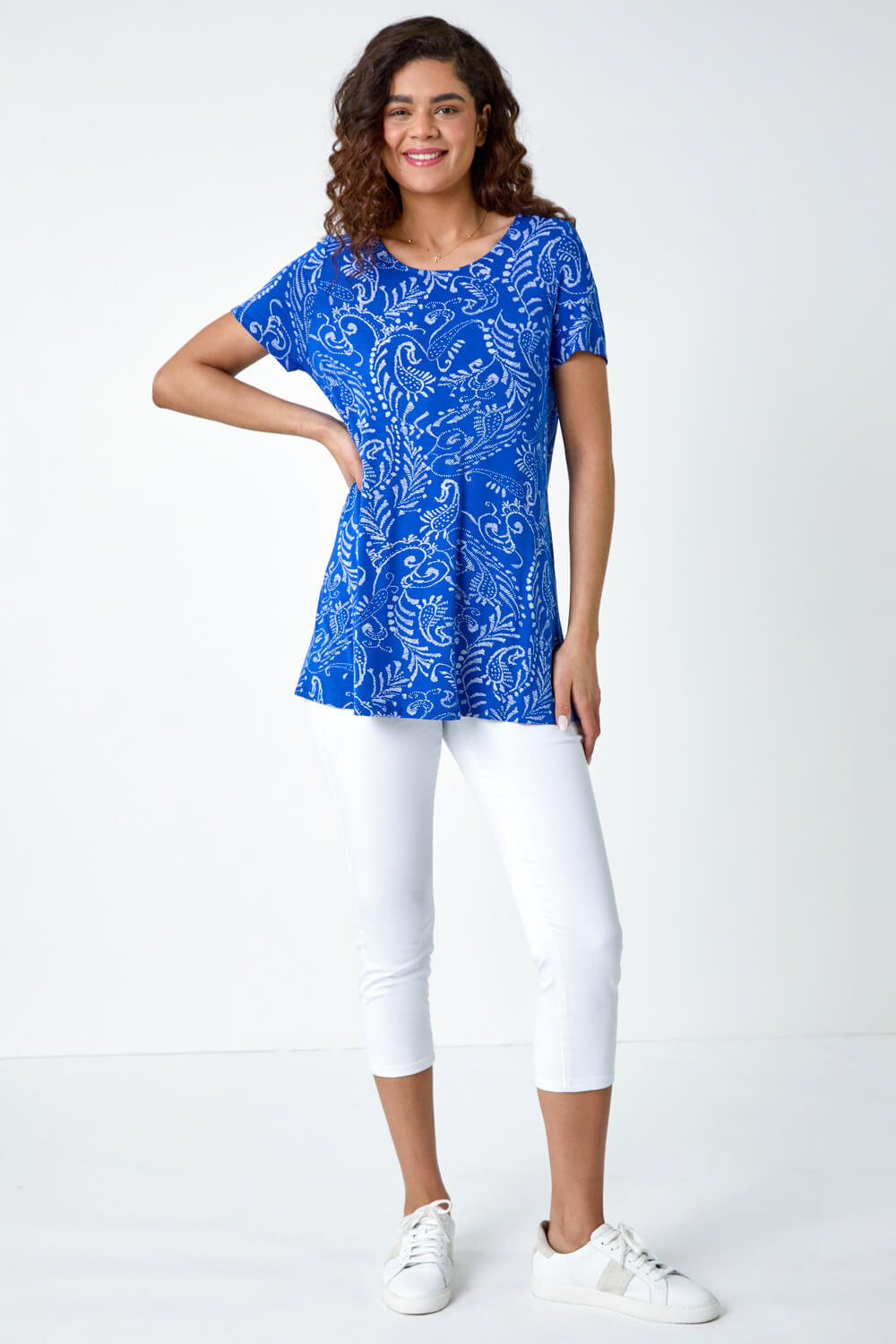 Blue Paisley Bar Back Stretch Tunic Top, Image 2 of 5