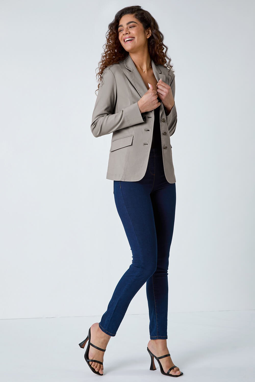 Taupe Stretch Button Detail Blazer, Image 2 of 5