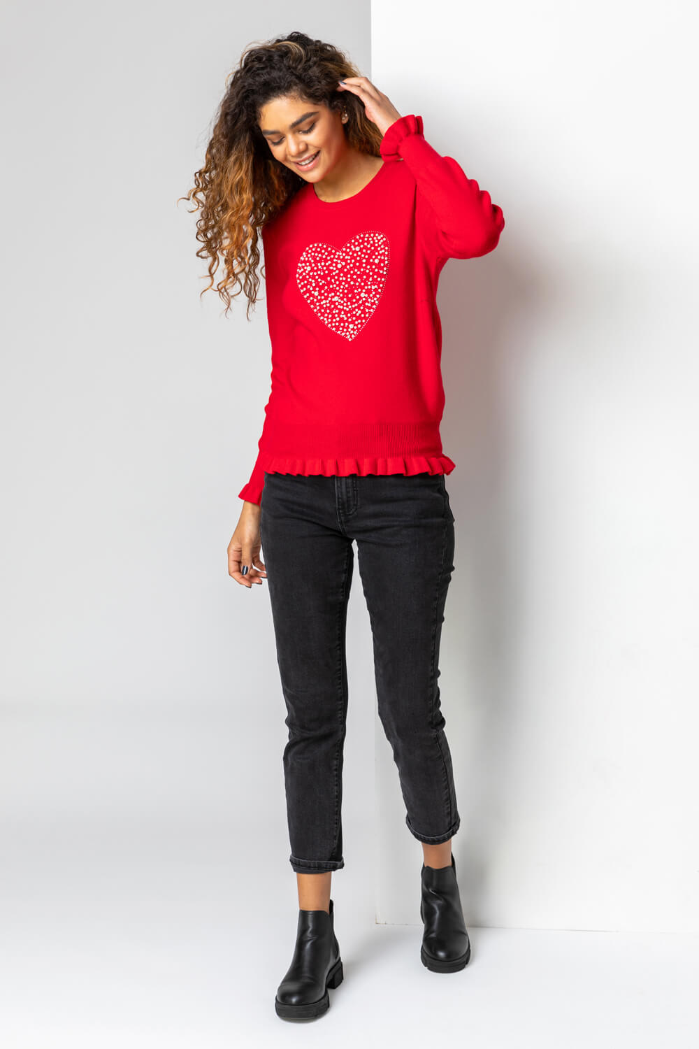 Red Faux Pearl Embellished Heart Jumper, Image 3 of 4
