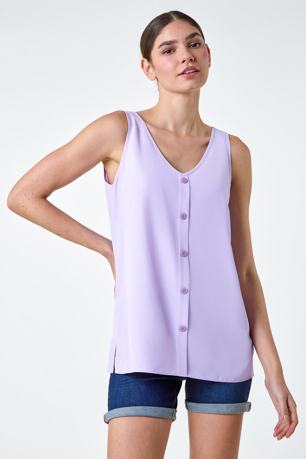 Lilac Button Front Sleeveless Top, Image 2 of 5