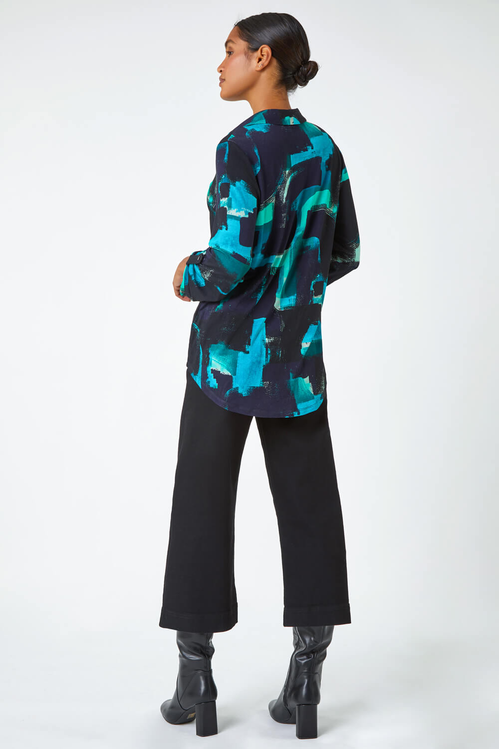 Turquoise Abstract Print Stretch Shirt Top , Image 3 of 5