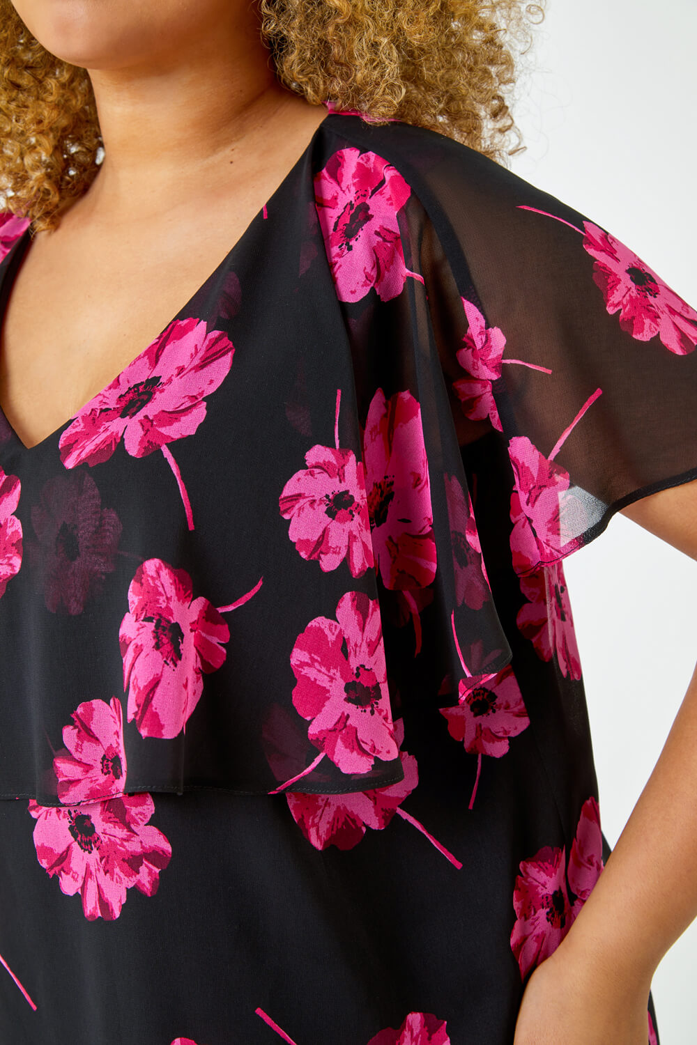 Fuchsia Curve Floral Chiffon Overlay Top, Image 5 of 5