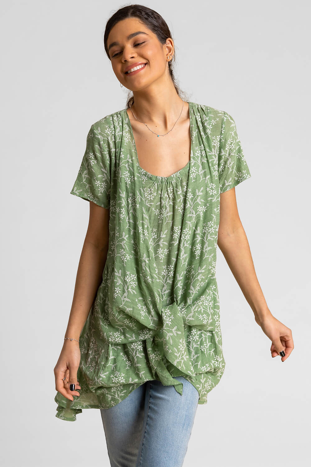 Floral Print Crinkle Tunic Top