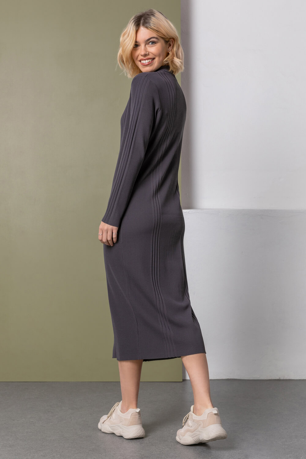 Dark Grey Polo Collar Knitted Midi Dress, Image 2 of 5
