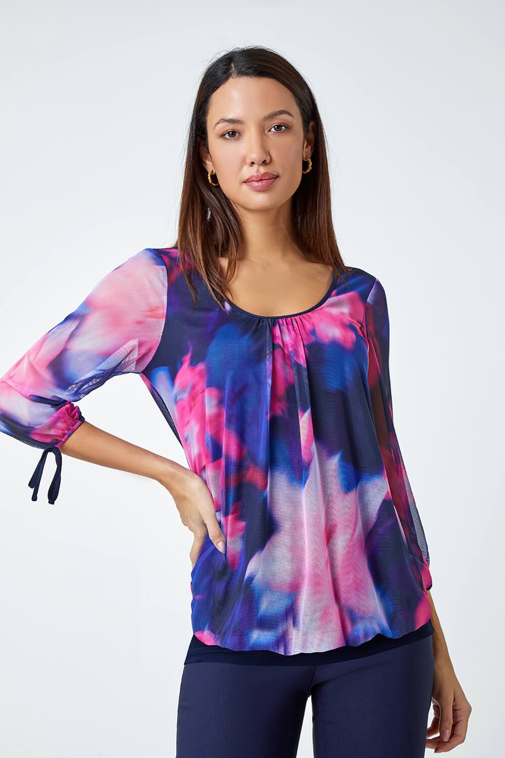 Navy  Floral Print Bubble Hem Stretch Top, Image 1 of 5