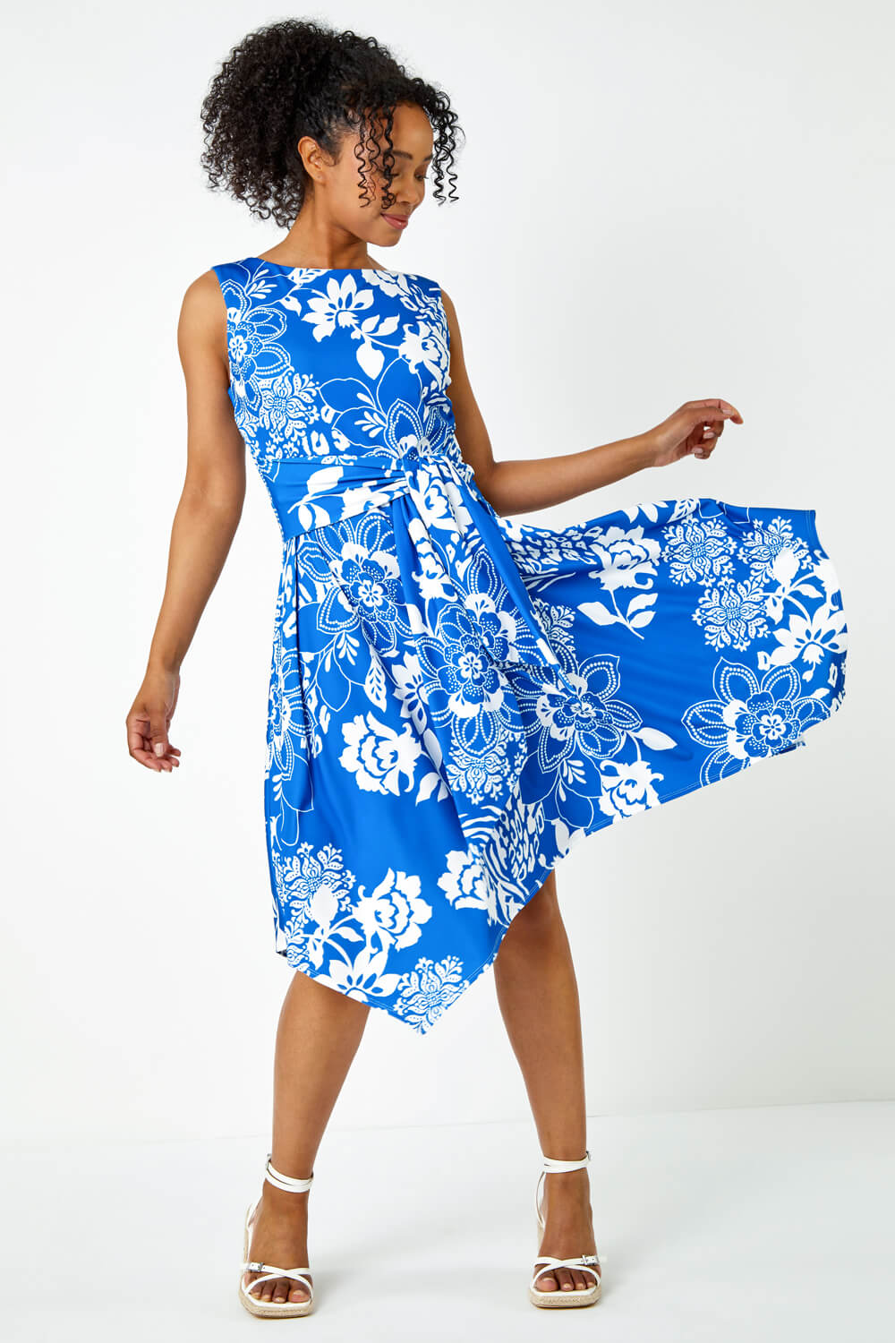 Blue Petite Tie Waist Floral Stretch Dress, Image 2 of 5