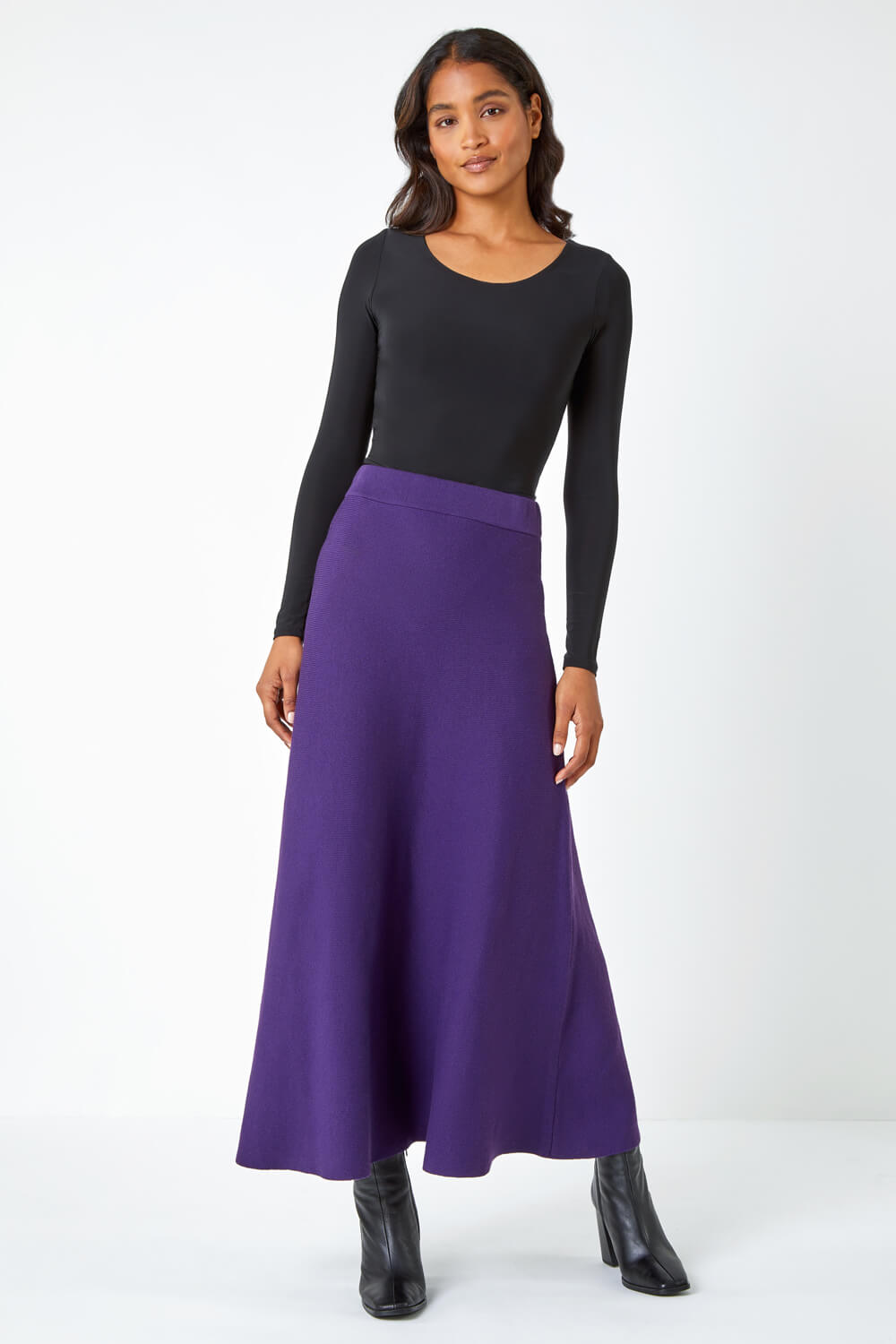 Purple Plain Knitted Midi Skirt, Image 4 of 5