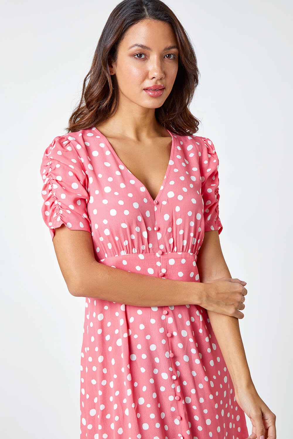 PINK Polka Dot Ruched Sleeve Midi Dress, Image 4 of 5