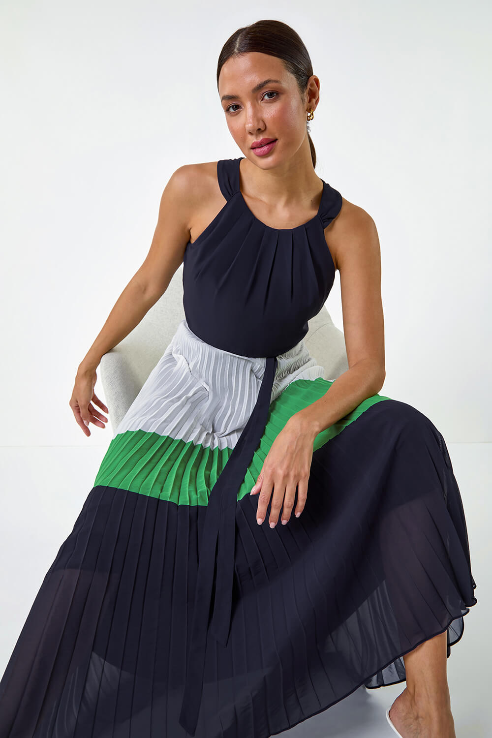 Cross-Strap Halter Neck Flared Colorblock Maxi Dress