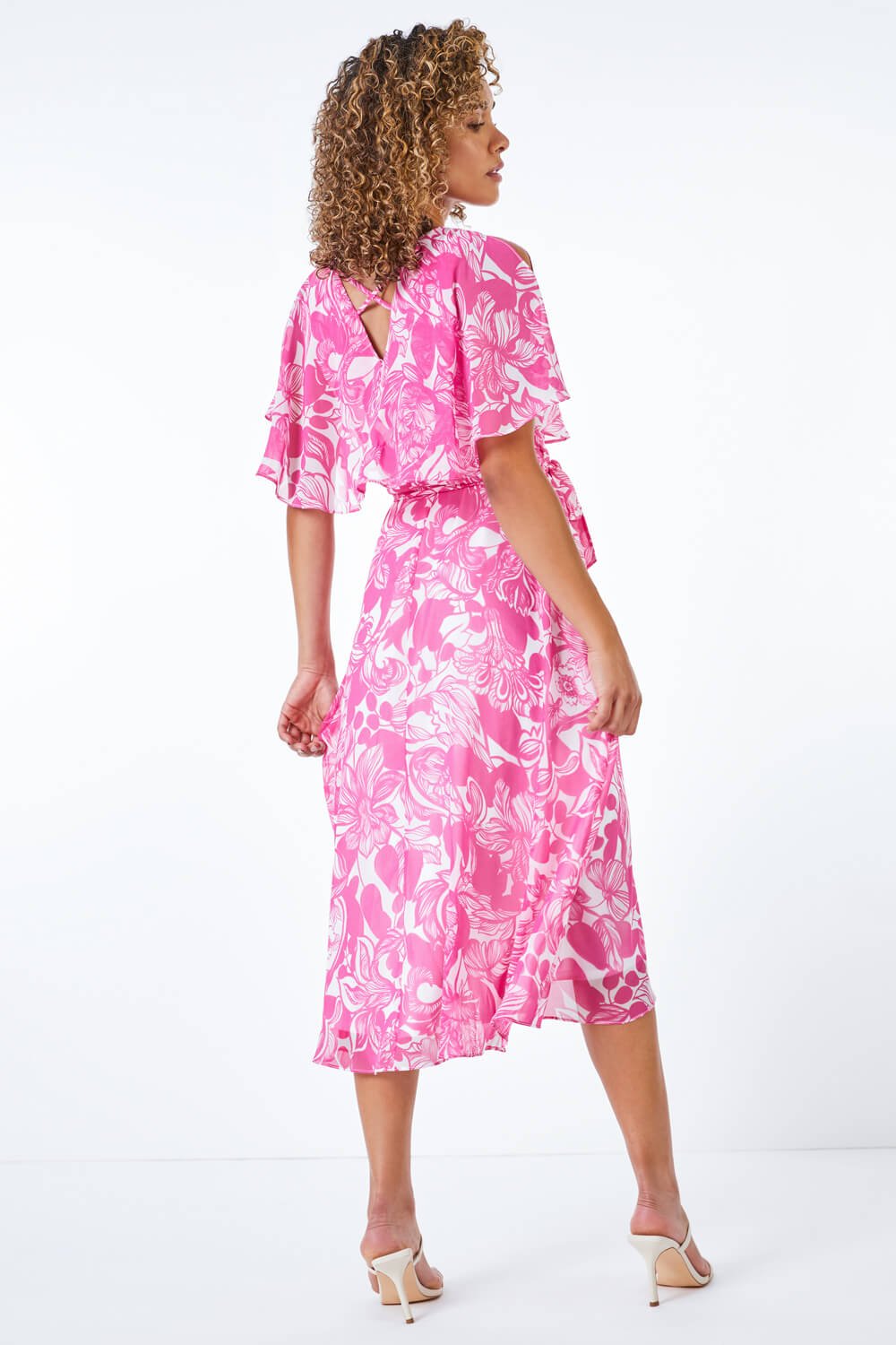 PINK Petite Floral Print Chiffon Cape Midi Dress, Image 3 of 5