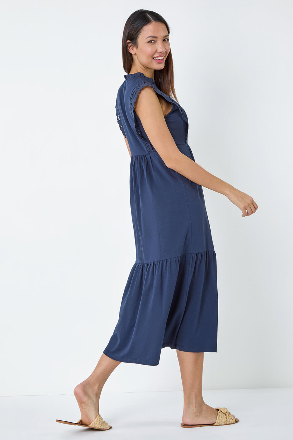 Navy  Broderie Frilled Cotton Midi Dress, Image 3 of 5