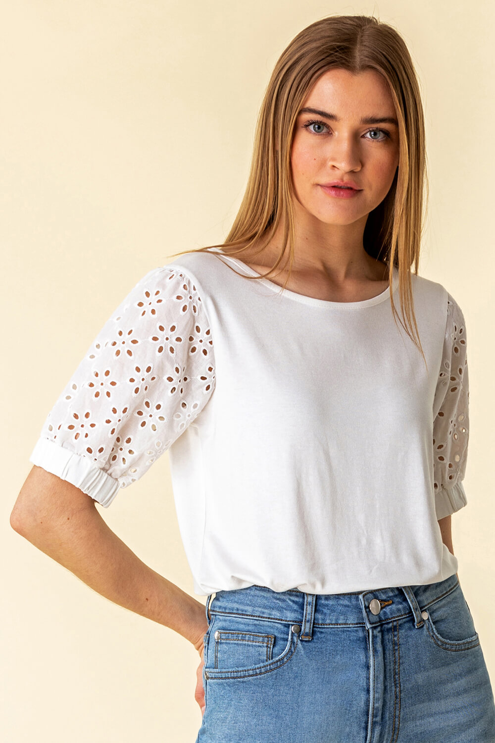 Ivory  Broderie Puff Sleeve T-Shirt, Image 2 of 5